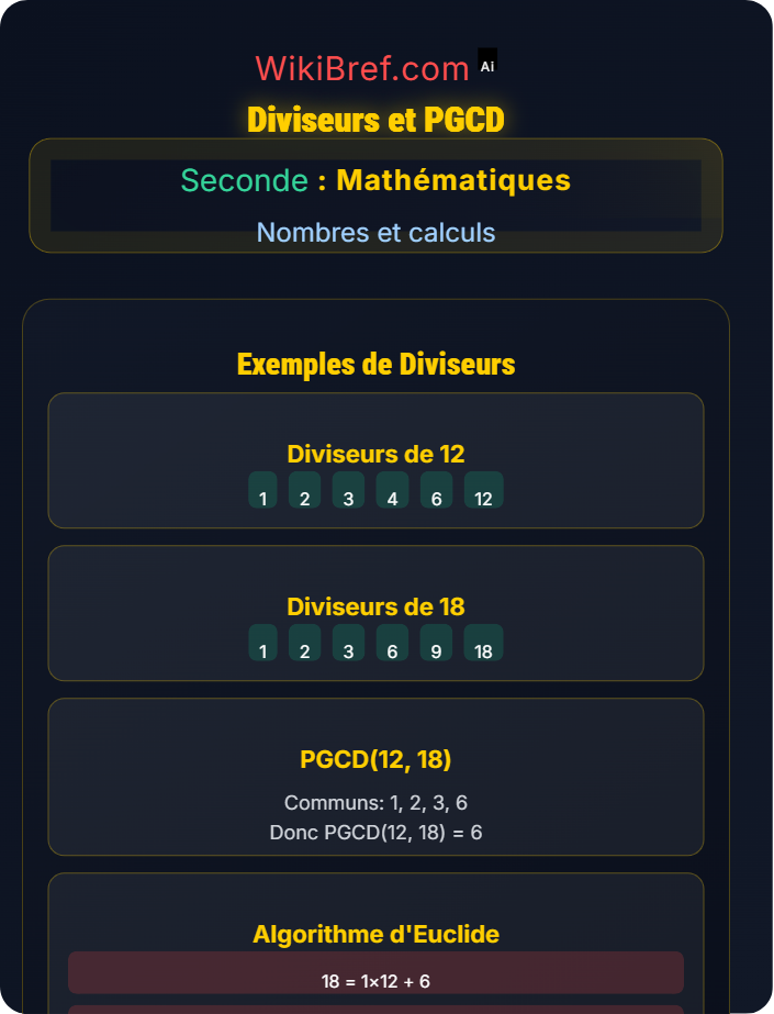 Diviseurs, PGCD Nombres entiers : multiples, diviseurs et nombres premiers