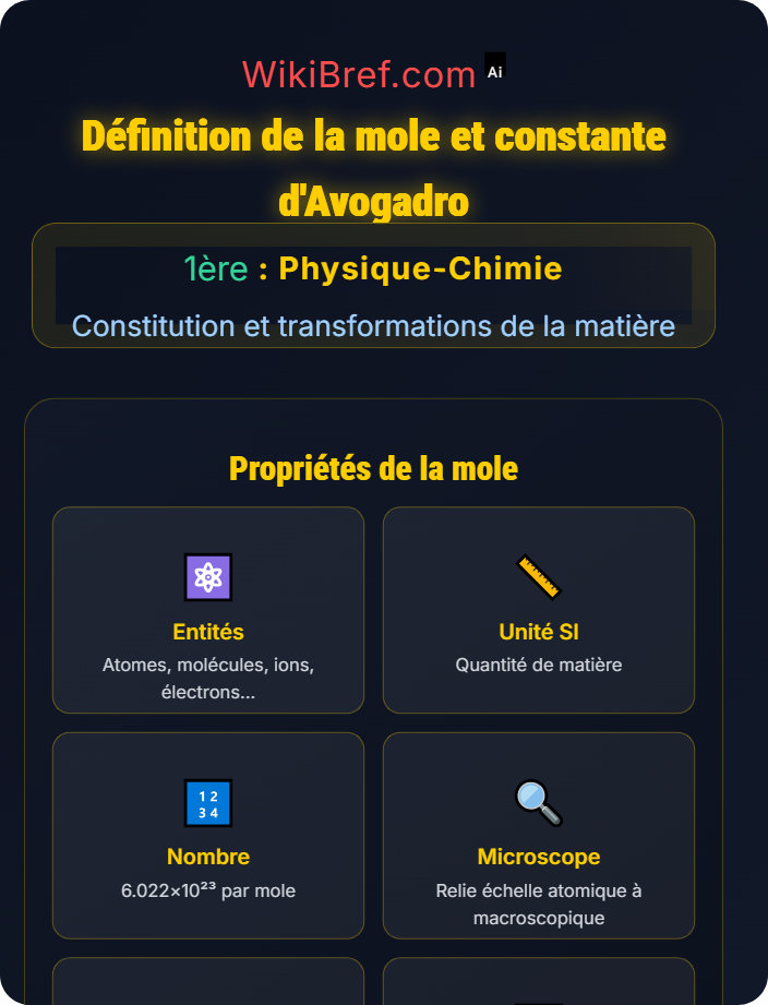 Définition de la mole et constante d’Avogadro La mole et les grandeurs associées