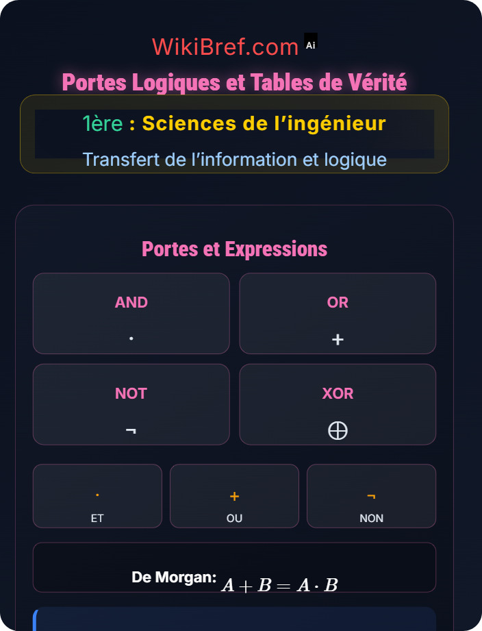 Portes logiques et tables de vérité Logique combinatoire