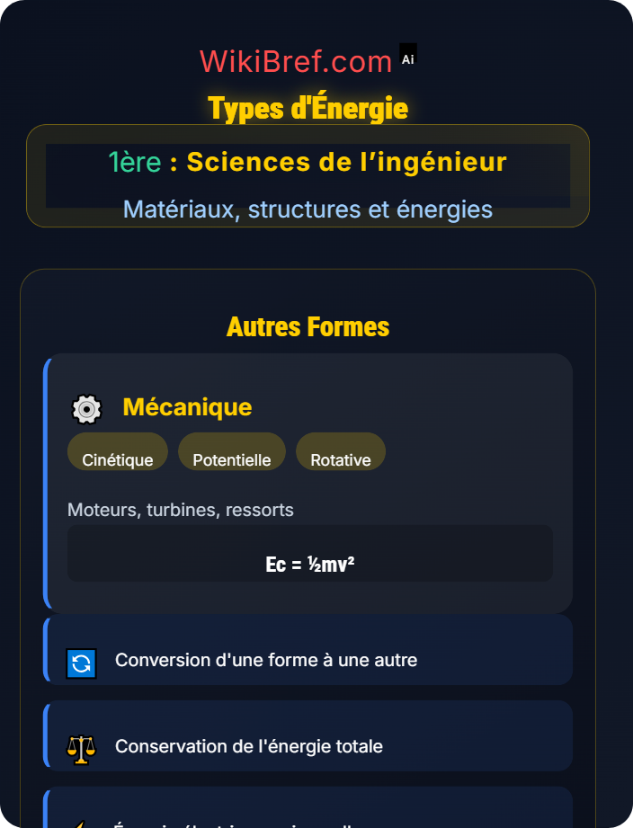 Différents types d’énergie (chimique, électrique, mécanique) Énergies et sources
