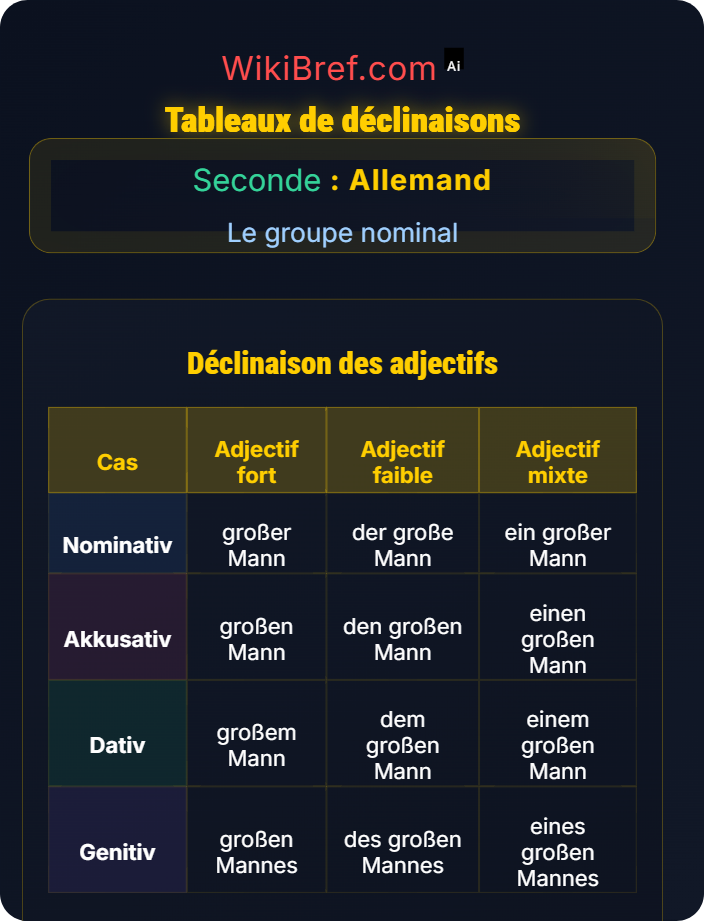 Tableaux de déclinaisons Déclinaisons des noms, adjectifs et déterminants