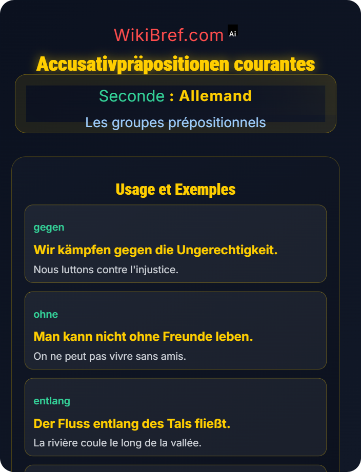 Accusativpräpositionen courantes Prépositions avec accusatif et datif